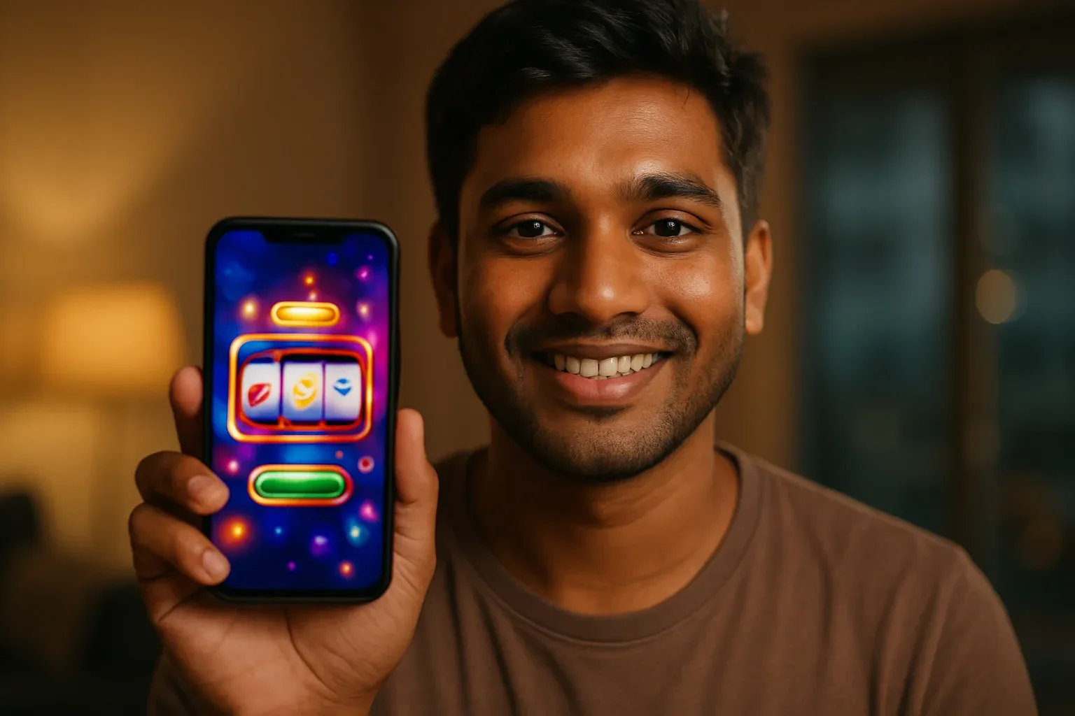 Young Bangladeshi man holding smartphone showing colorful mobile casino app