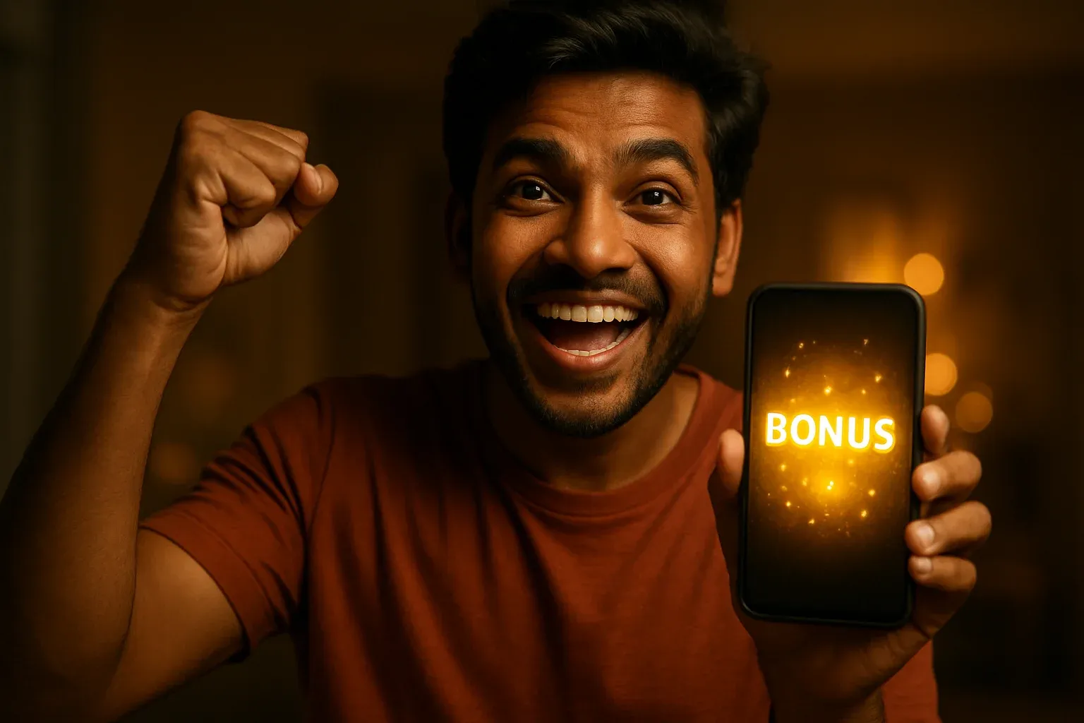 Joyful Bangladeshi man holding smartphone with glowing bonus notification screen