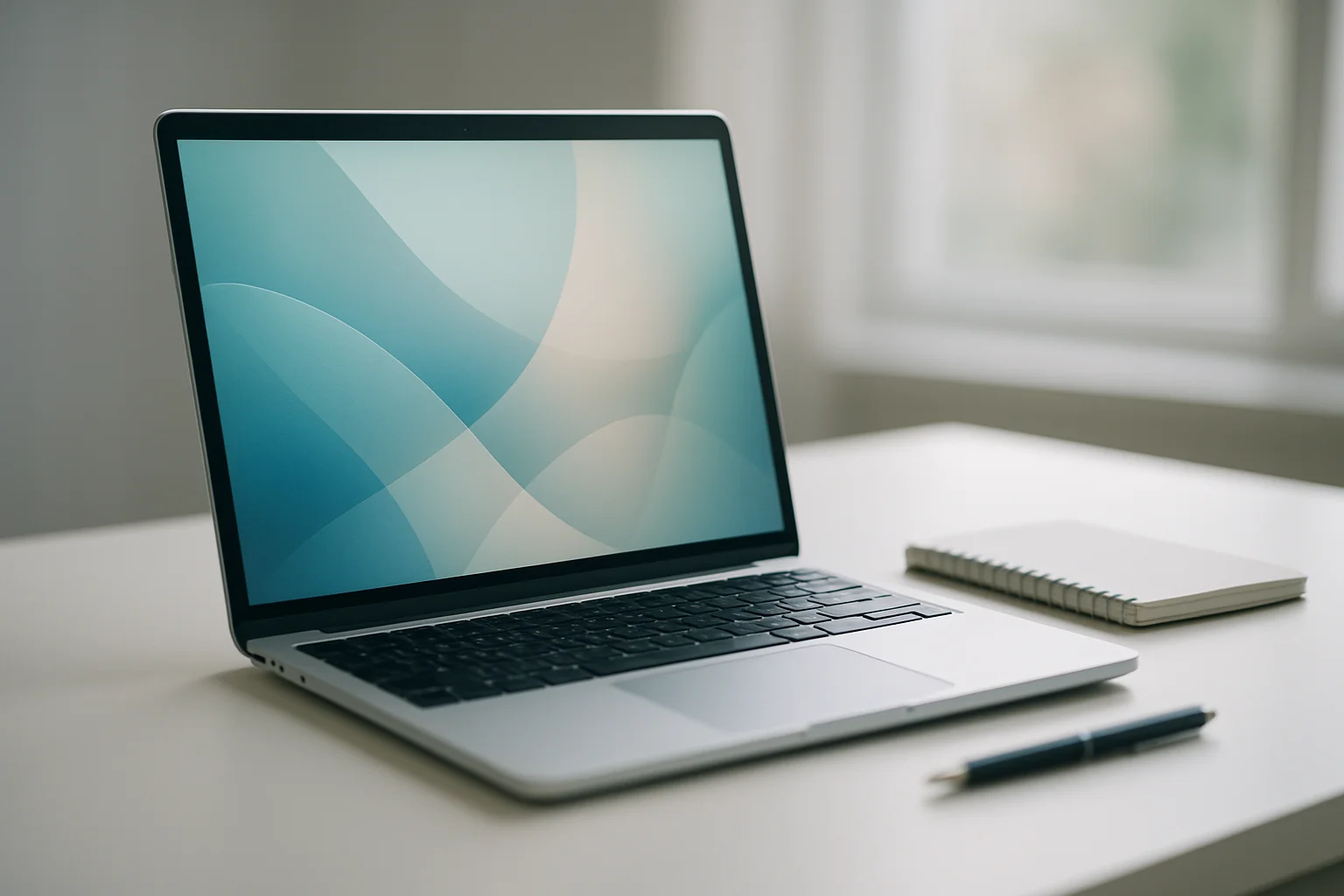 Modern laptop on white desk with abstract glowing screen and notepad