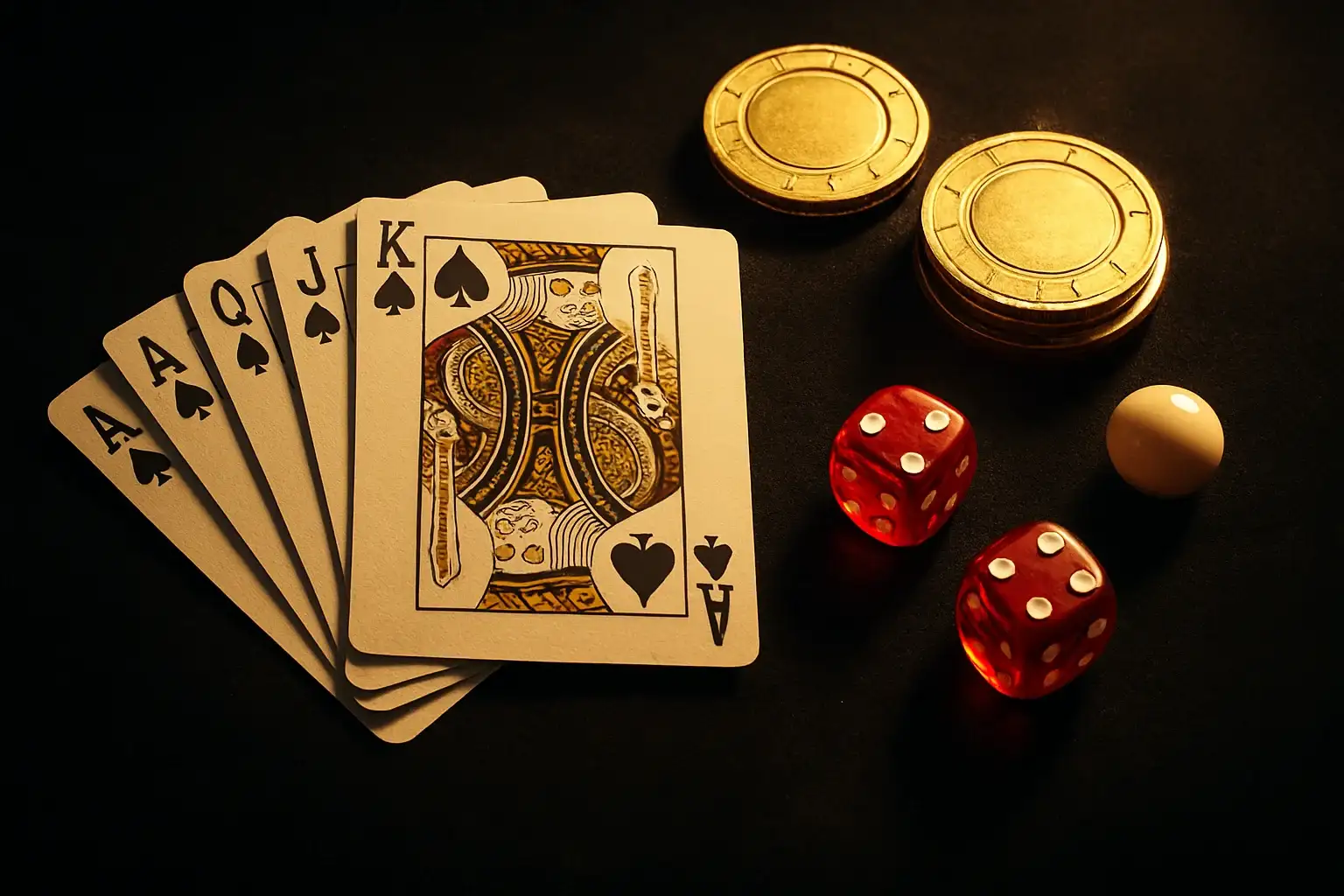 Golden casino chips, cards, dice, and roulette ball on velvet