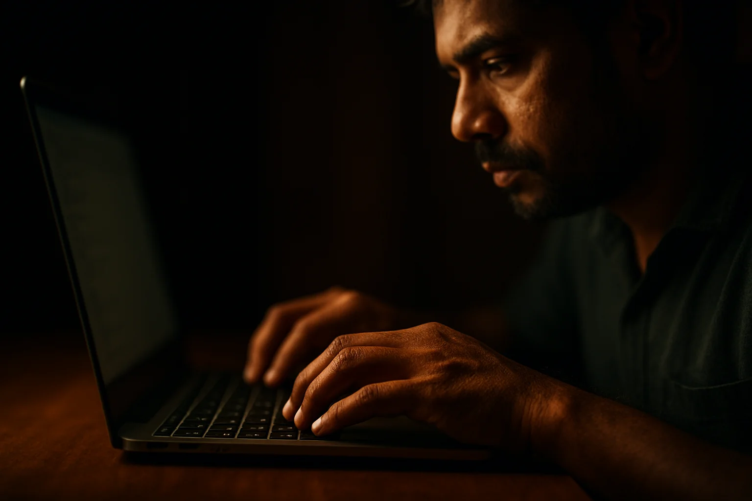 Bangladeshi man's hands typing on modern laptop in dramatic lighting