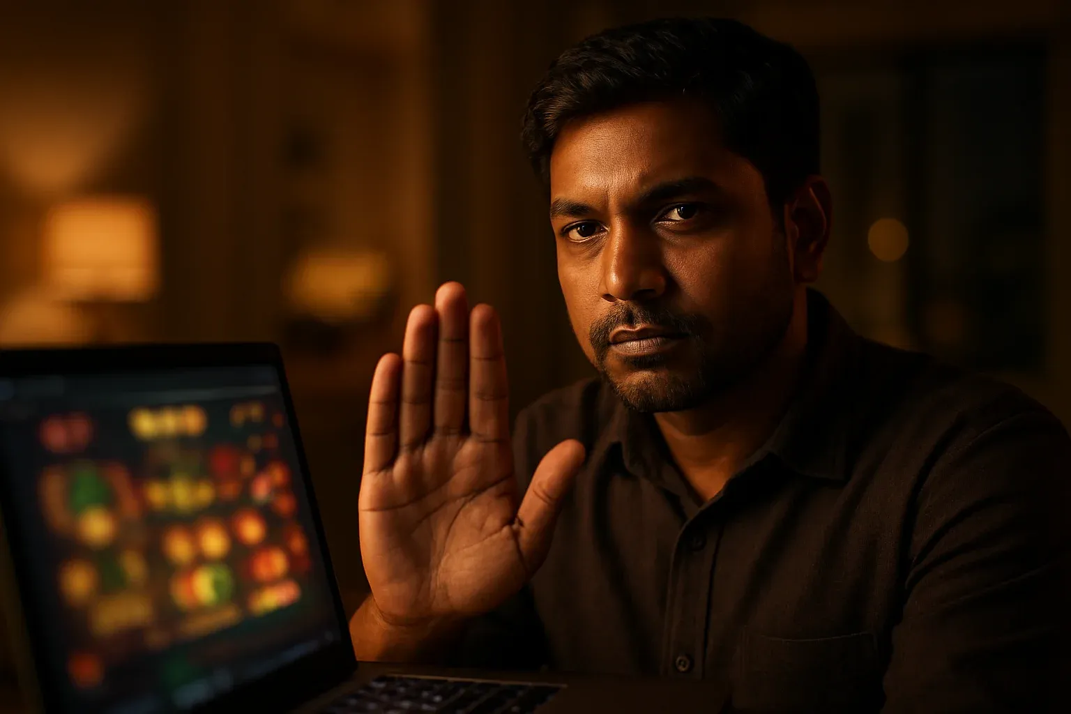 Bangladeshi man making stop gesture beside blurred online casino laptop