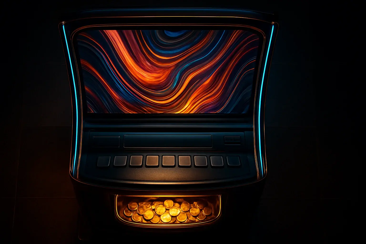 Hyperrealistic premium slot machine in dark luxury setting with neon lighting
